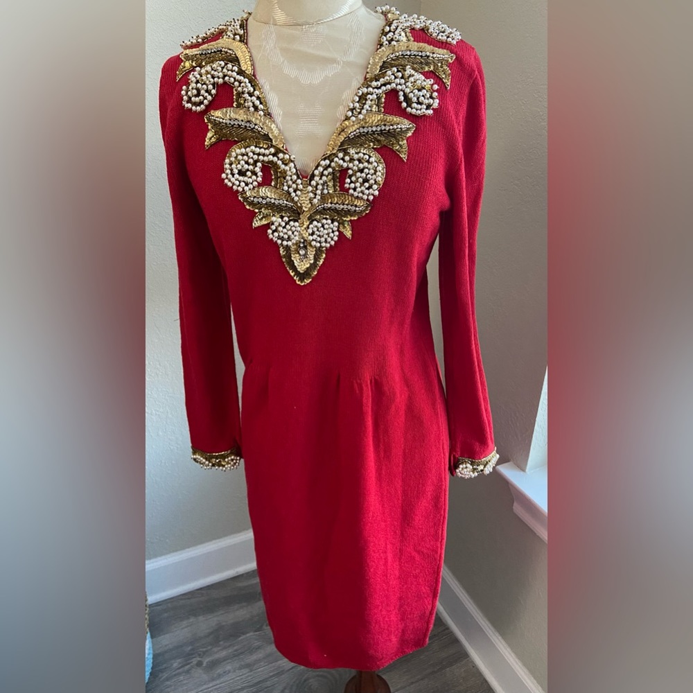 Vintage Don Sayres for Wellmore Neiman Marcus Red Knit Dress Sequins Pearls SZ 4